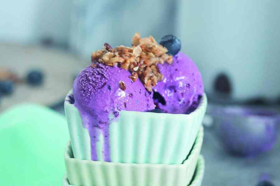 Blueberry Ice Cream with Walnut-Granola Topping